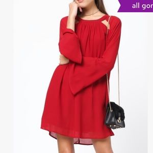 Red Cutout Bell-Sleeve Shift Dress